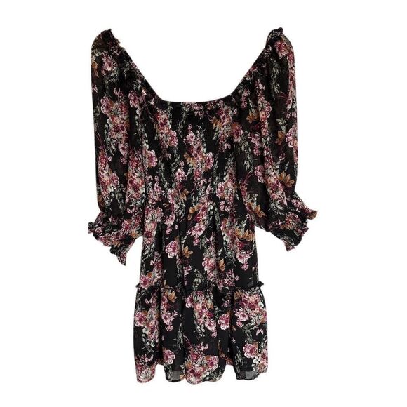 Altar'd State Women's M Black Floral Smocked Tiered Mini Dress Puff Sleeves - Picture 3 of 7